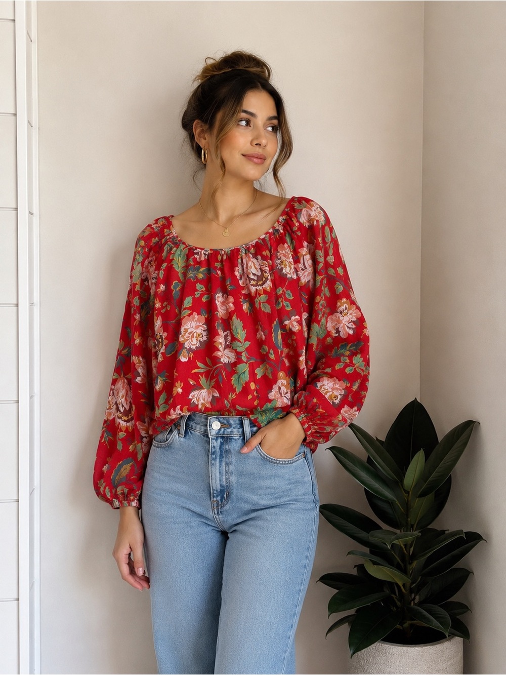 Maeve by Anthropologie Red Floral Peasant Blouse Size Medium Boho
